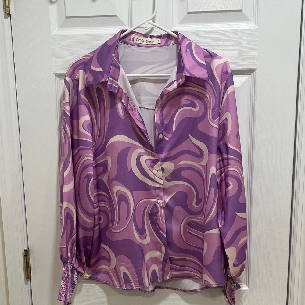 Grace Karin Women's Swirl Pattern Button Down Shirt in Purple